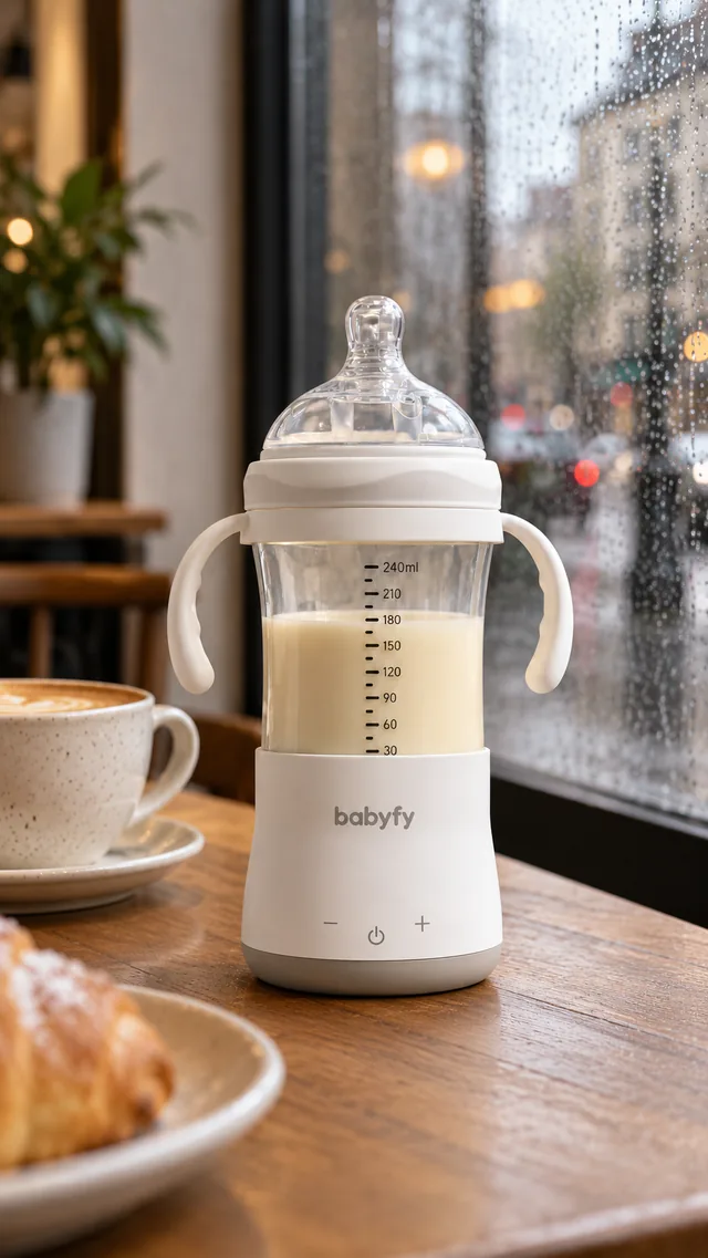 babyfy en la mesa de una cafetería un día de lluvia