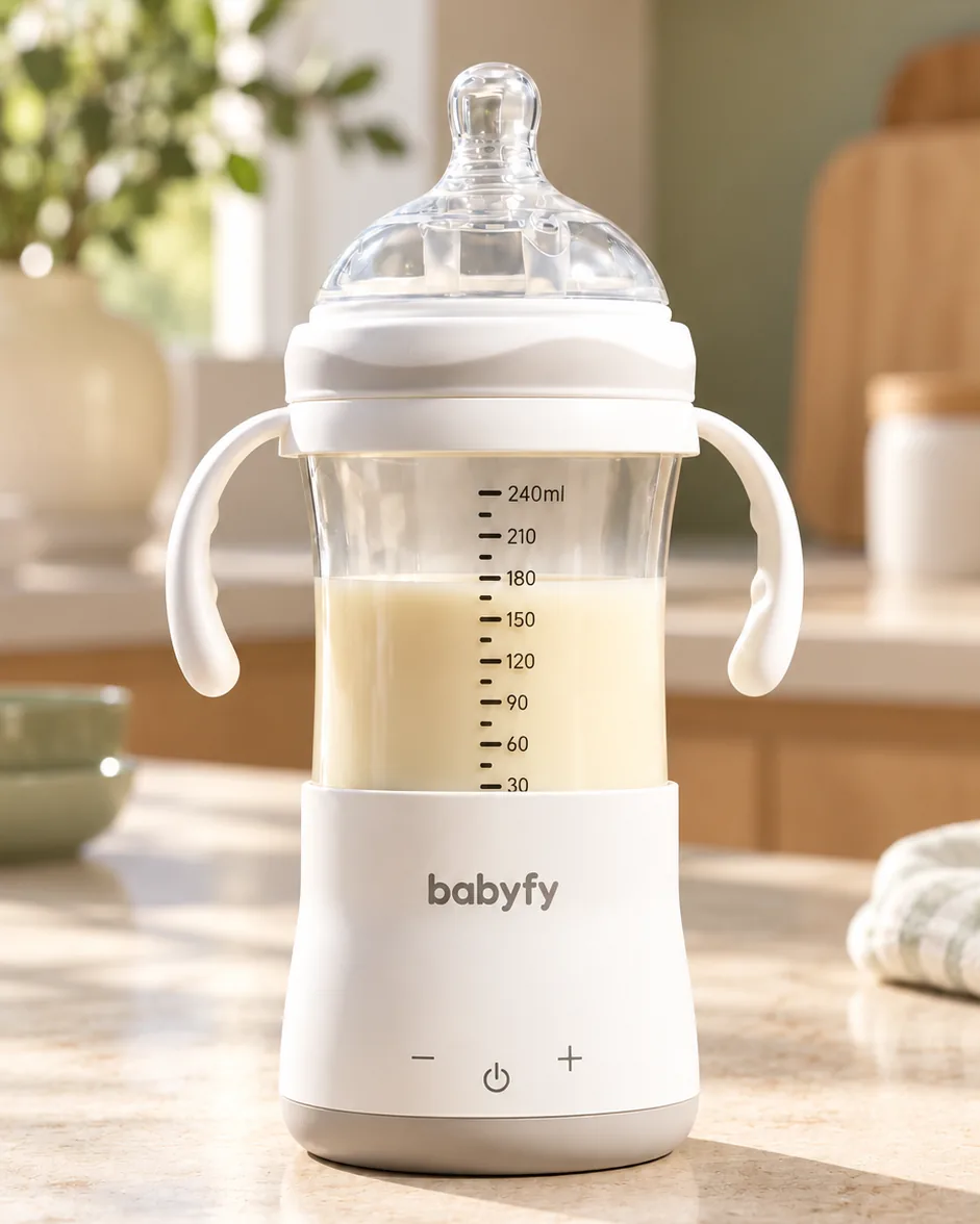 Biberón babyfy de 240 ml sobre su base calefactora